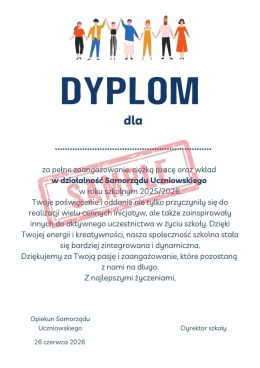 Dyplom 2026 dla uczniów z Samorządu Uczniowskiego na koniec roku 2025/2026