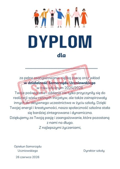 Dyplom 2026 dla uczniów z Samorządu Uczniowskiego na koniec roku 2025/2026
