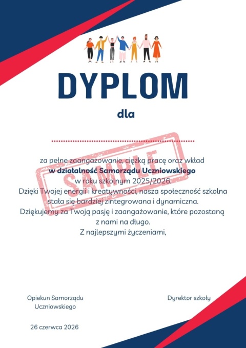 Dyplom 2026 dla uczniów z Samorządu Uczniowskiego na koniec roku 2025/2026
