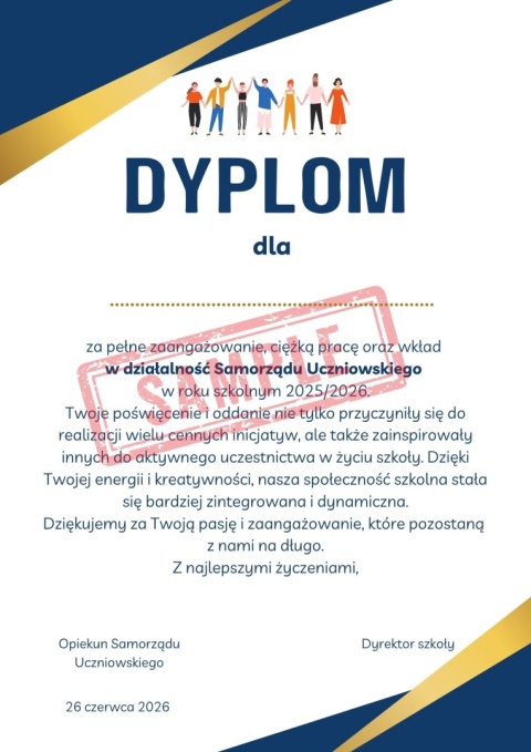 Dyplom 2026 dla uczniów z Samorządu Uczniowskiego na koniec roku 2025/2026