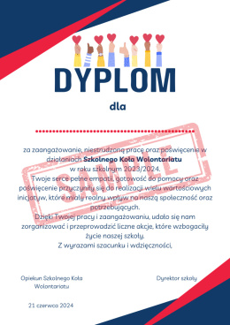 Dyplom dla członka Szkolnego Koła Wolontariatu
