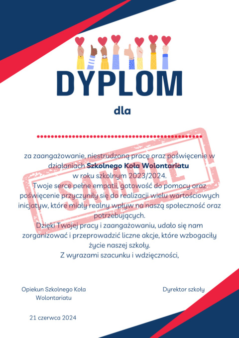 Dyplom dla członka Szkolnego Koła Wolontariatu
