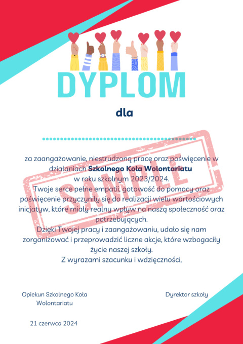 Dyplom dla członka Szkolnego Koła Wolontariatu Dyplom dla członka Szkolnego Koła Wolontariatu