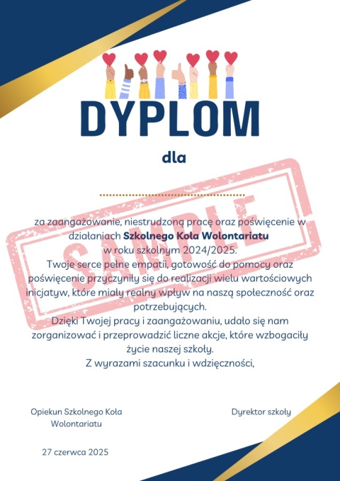Dyplom 2025 dla Szkolnego Koła Wolontariatu Dyplom 2025 dla Szkolnego Koła Wolontariatu