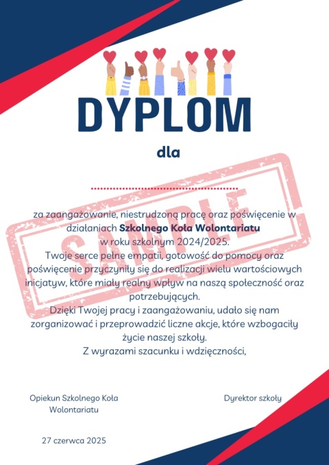 Dyplom 2025 dla Szkolnego Koła Wolontariatu Dyplom 2025 dla Szkolnego Koła Wolontariatu