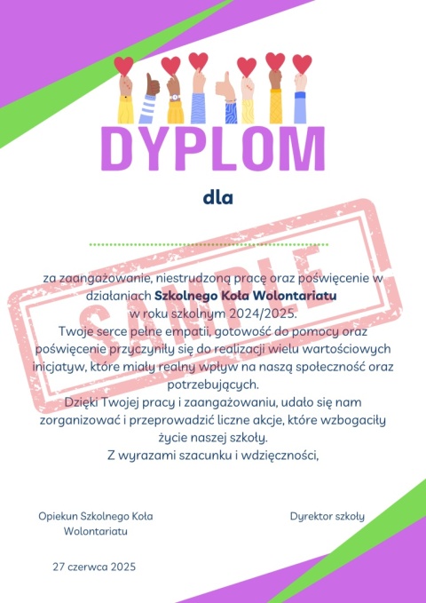 Dyplom 2025 dla Szkolnego Koła Wolontariatu Dyplom 2025 dla Szkolnego Koła Wolontariatu