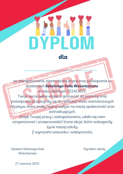 Dyplom 2025 dla Szkolnego Koła Wolontariatu Dyplom 2025 dla Szkolnego Koła Wolontariatu