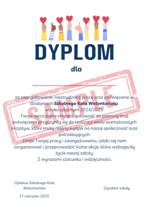 Dyplom 2025 dla Szkolnego Koła Wolontariatu Dyplom 2025 dla Szkolnego Koła Wolontariatu