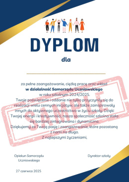 Dyplom 2025 dla uczniów z Samorządu Uczniowskiego na koniec roku 2024/2025